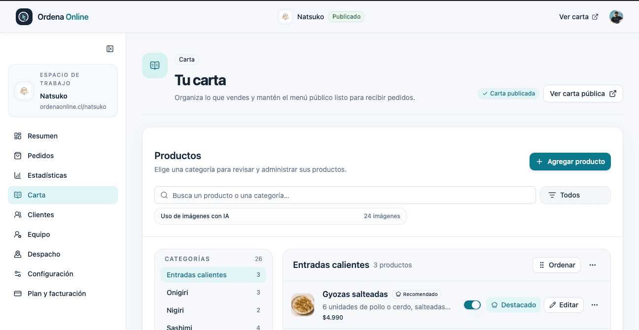 Captura del administrador de Ordena Online, con la carta del restaurante Natsuko.