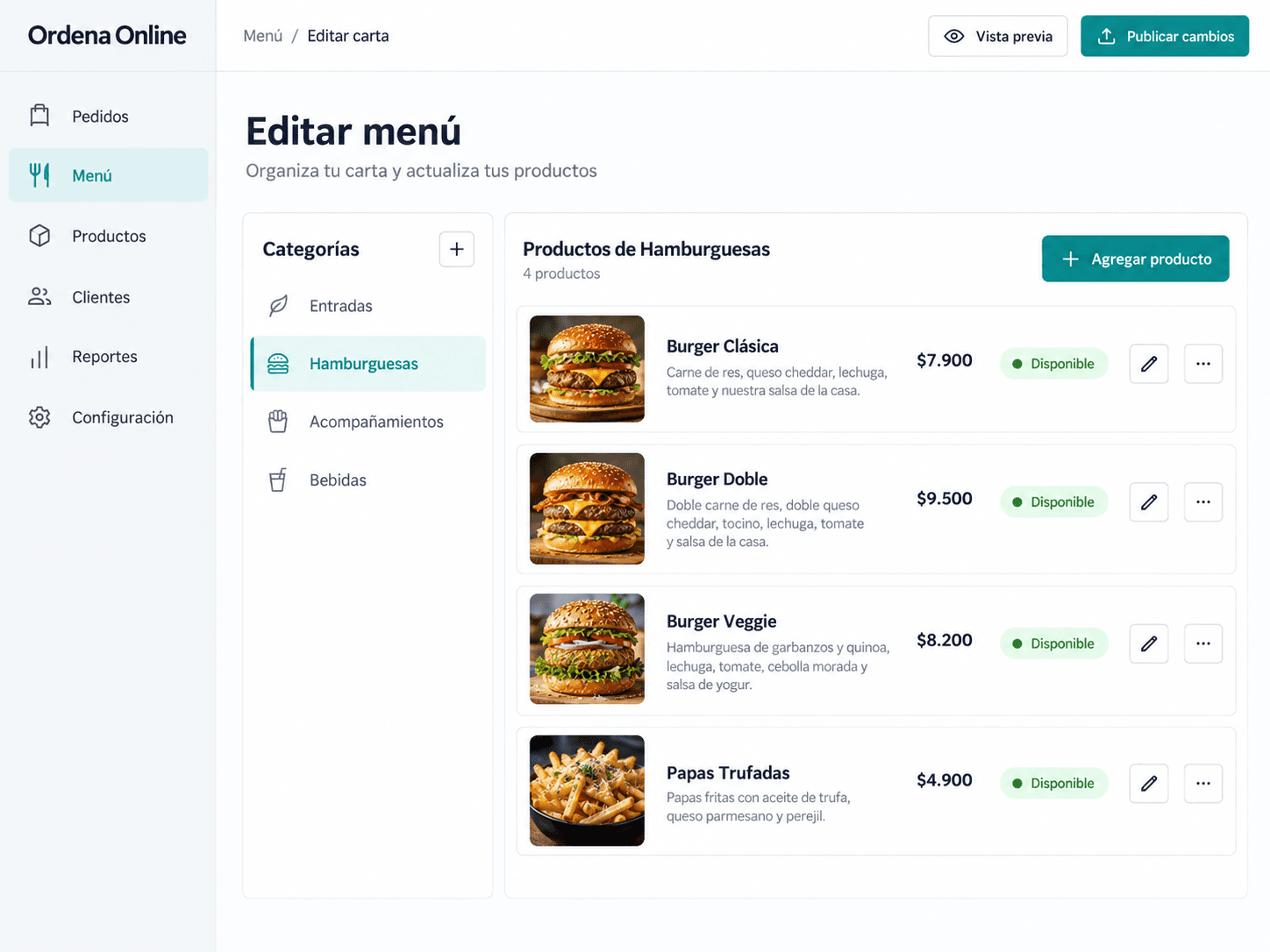 Editor de menú con categorías, productos, precios y fotos de platos.